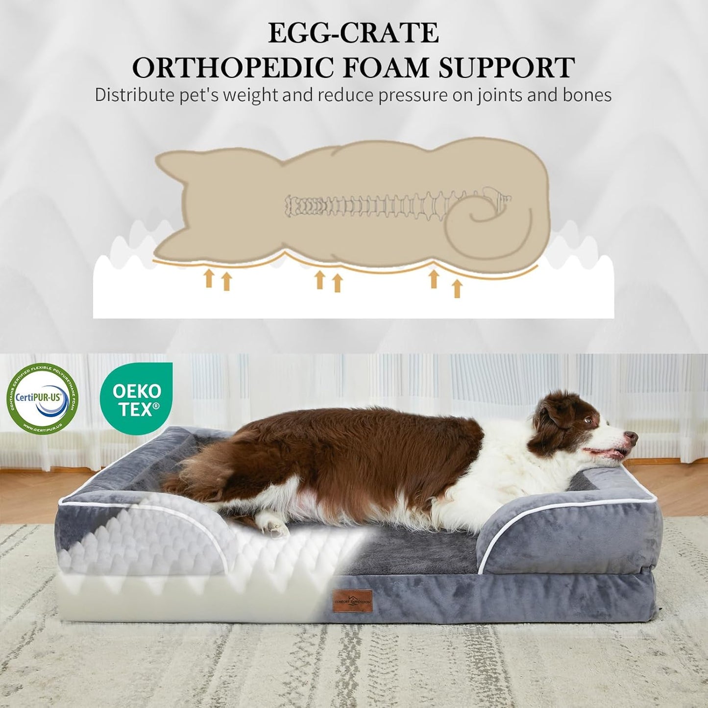 Comfort Expression Large Dog Beds Waterproof Orthopedic Foam Dog Sofa Beds Comfy Pet Bed with Washable Removable Cover & Non-Slip Bottom(Large,Dark Grey)