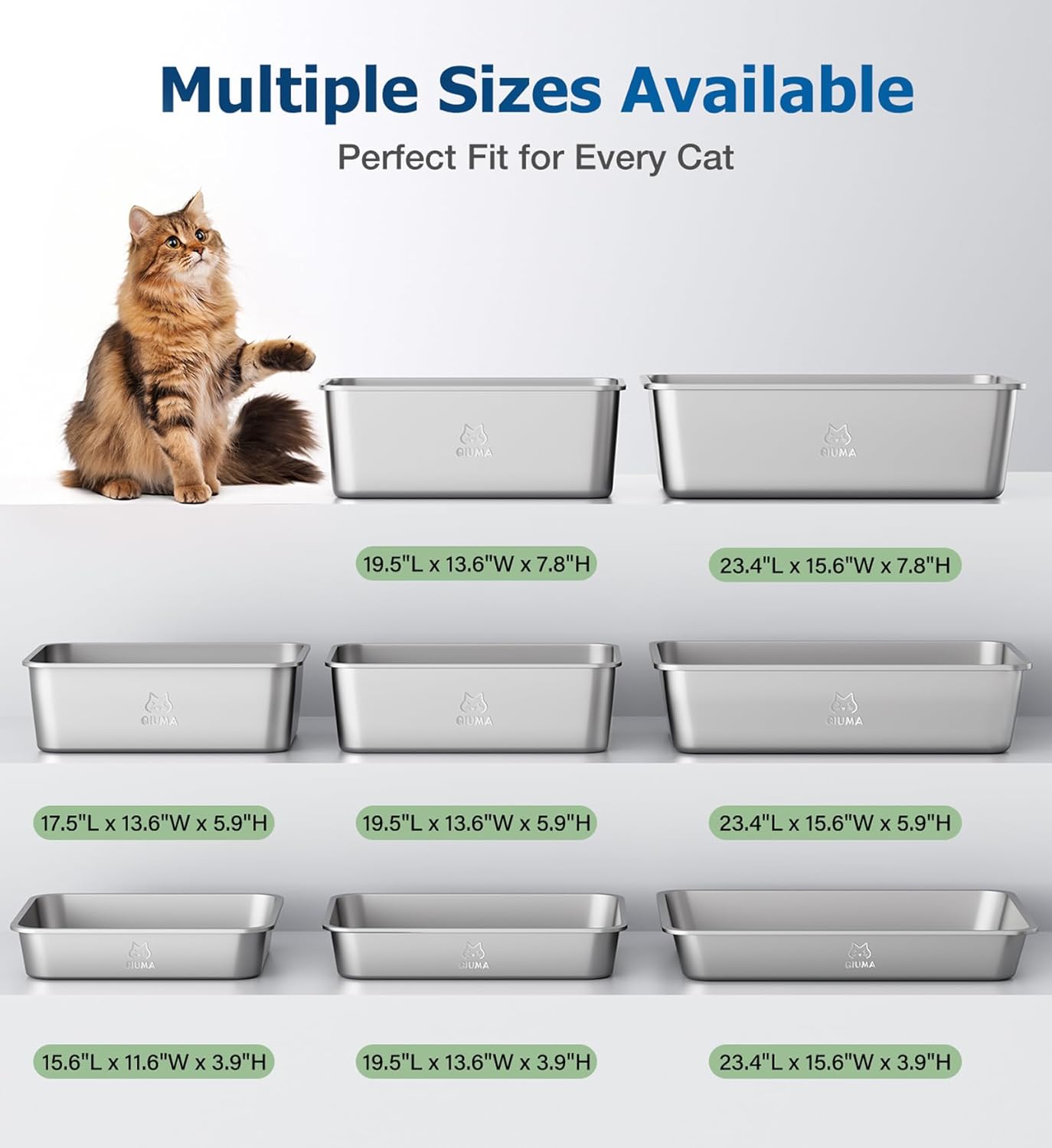 2 Pack Stainless Steel Cat Litter Box, 19.5" L×13.6" W×5.9" H, Metal Kitty Litter Box with High Sided for Big and Small Catss, Non-Stick, Easy to Clean, Odor-Free