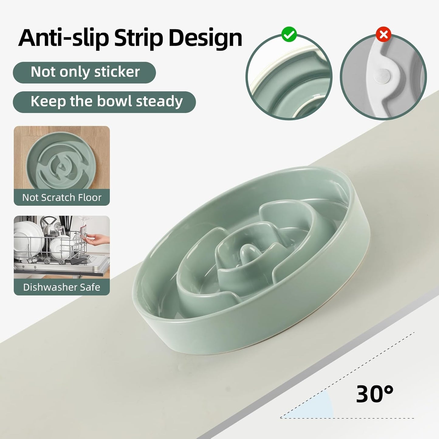 7.3inch Ceramic Slow Feeder Dog Bowl for Medium and Large Breed, Puzzle Dog Food Dish, Anti-Gulping, Pet Slow Feeder, Stop Bloat, Preventing Choking (Single Bowl-Light Green)