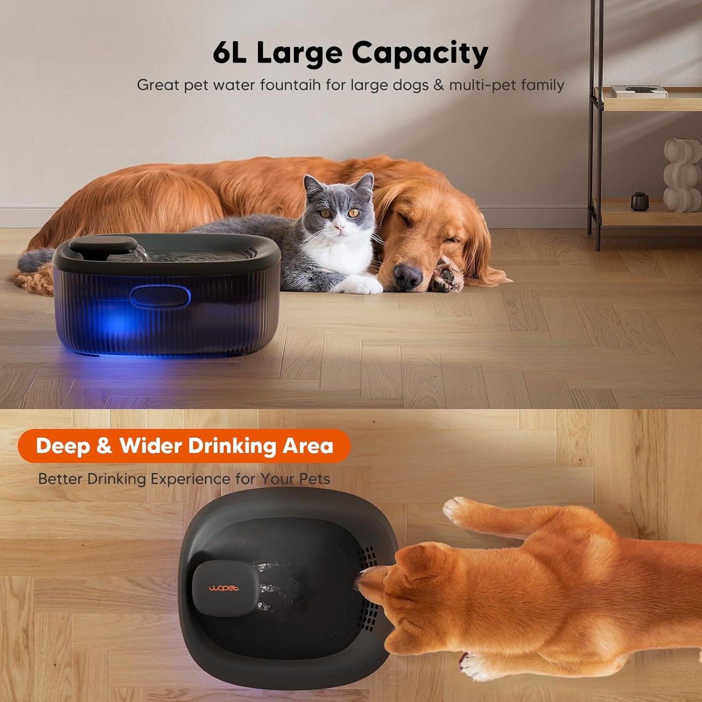 WOPET Dog Water Fountain for Large Dogs, 6L/205oz/1.7Gal Automatic Dog and Cat Water Fountain,Dog Water Dispenser with 5 Filters,Ultra-Quiet Pump,Great for Large Dogs Cats and Multi-Pet Home