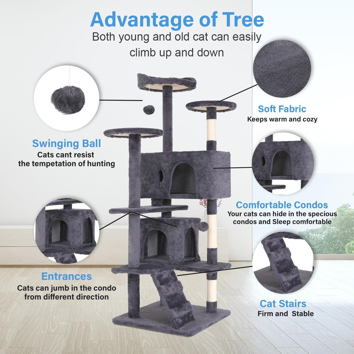 FDW Cat Tree 54in Cat Tower Multi-Level Durable Cat Scratching Post & Cozy Fun Cat Jumping Platform Space Saving Cat Condo Pet Play House for Indoor Cats,Ashy