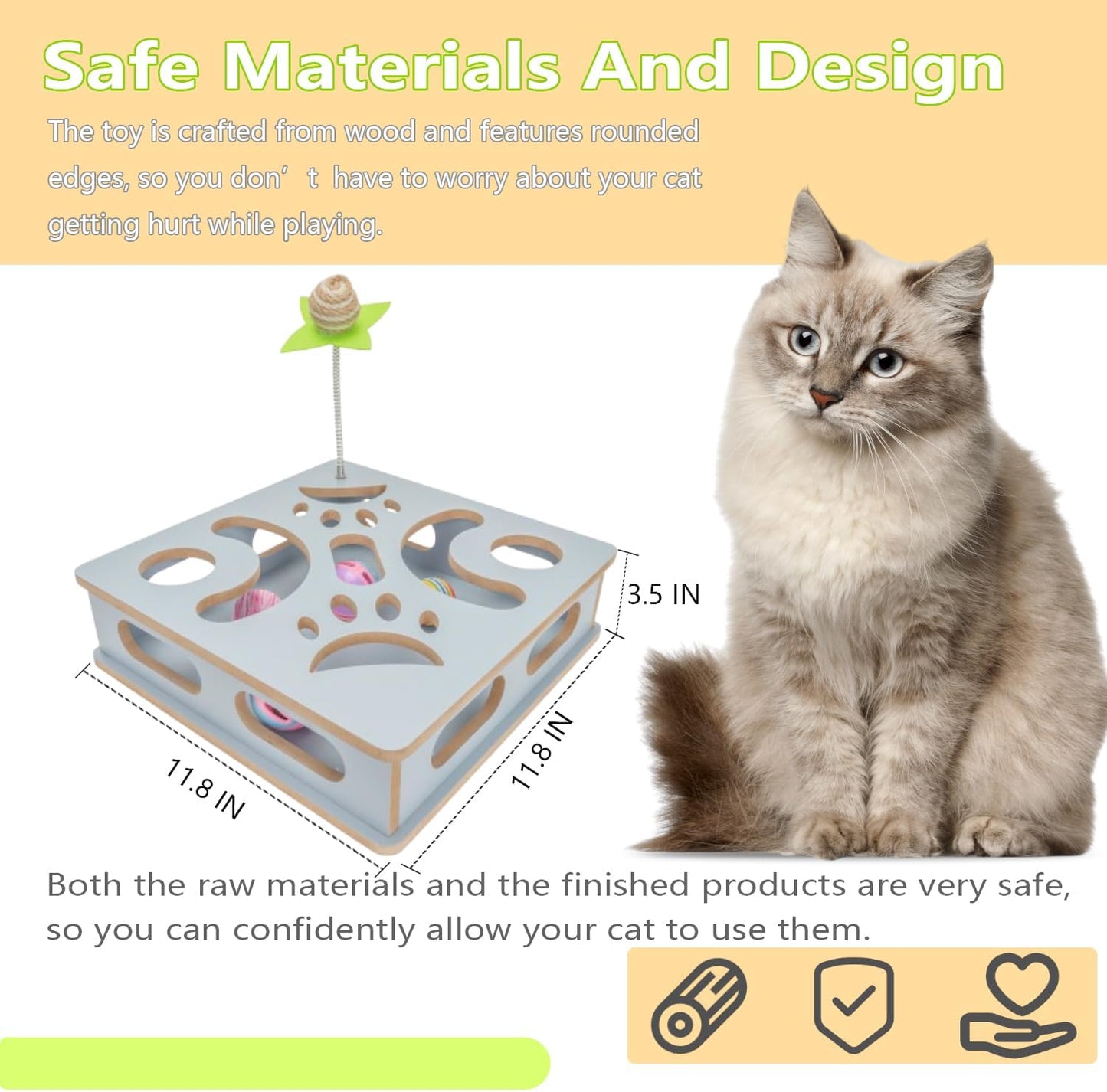Interactive Wooden Cat Puzzle Toy Box Indoor Hunting Play Toy to Stimulate Your Cat’s Energy and Instincts (Blue)