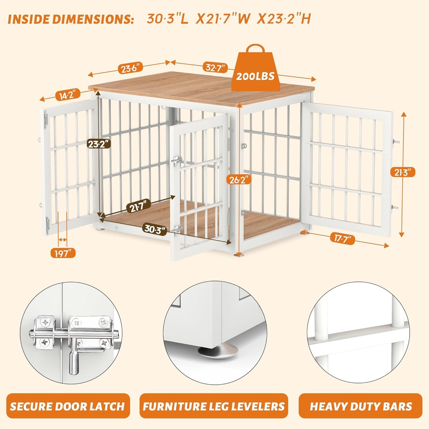 32 Inch Heavy Duty Dog Crate Furniture for Medium and Small Dogs, Decorative Pet House End Table, Wooden Cage Kennel Furniture Indoor, Natural and White