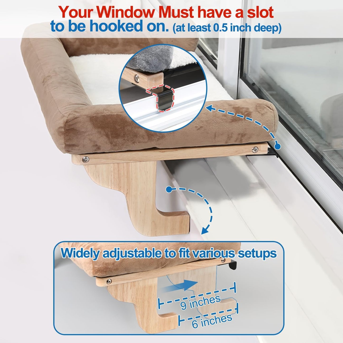 Cat Perch for Window Sill with Bolster - Orthopedic Hammock Design with Premium Hardwood & Robust Metal Frame - Cat Window Seat for Large Cats and Kittens - Dark Stained Wood with Brown Bed
