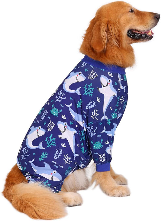 HDE Dog Pajamas One Piece Jammies Jumpsuit Pet Clothes Outfit Stretchy Lightweight Comfy Shirt Pjs for M-3XL Dogs Sharks - XXL