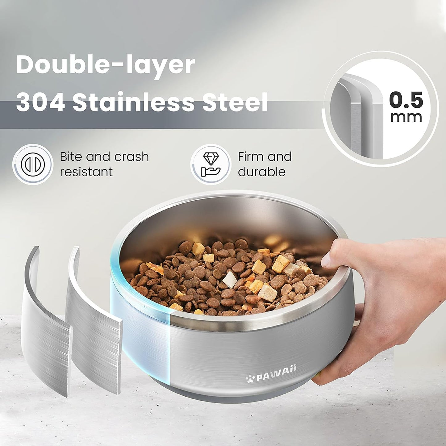 Pawaii Stainless Steel Dog Bowl with Non-Slip Rubber Base & Double Wall Insulation - Durable Design | Includes ID Tag | Dishwasher Safe Food & Water Bowl for All Dogs (68oz)