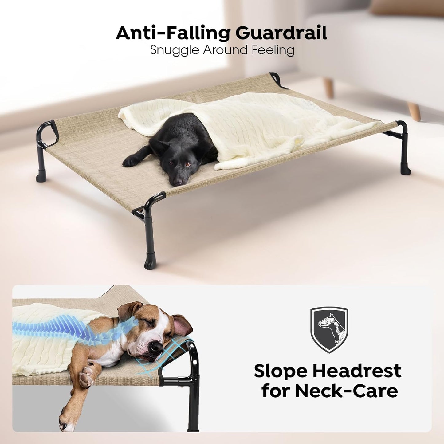 Veehoo Cooling Elevated Dog Bed - Raised for Large Dogs, Outdoor With Guardrail, Upgraded Non-Slip Feet, Breathable Teslin Mesh, Portable Camping Cot, 41 x 27 Inches, Beige Coffee