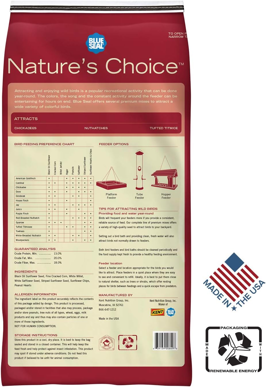 Blue Seal Song Nature's Choice Wild Bird Seed | High Energy Mix, No Filler | Sunflower and White Safflower Seeds | Attracts Variety of Wild Outside Birds | Shell-Free Mix | Made in USA | 8 Pound Bag