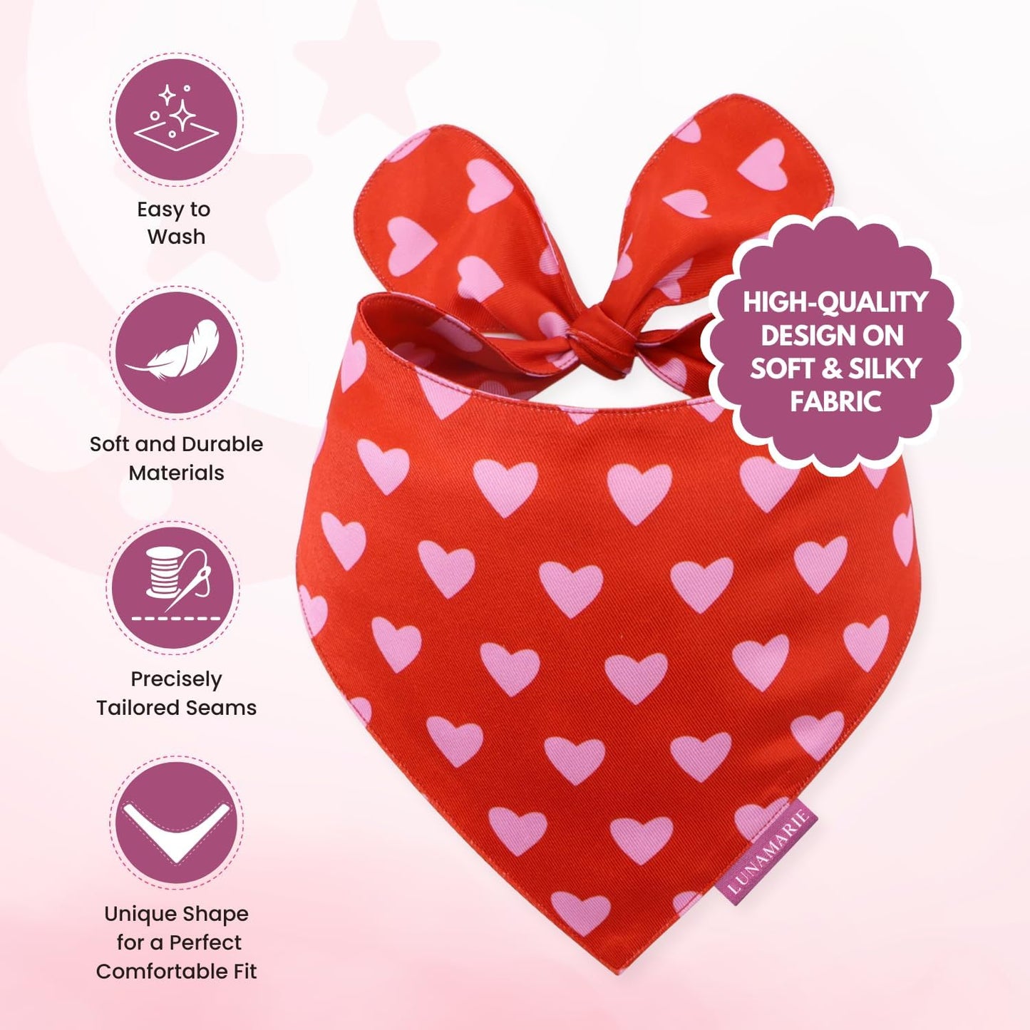 LunaMarie - Luxury Pet Birthday Bandanas -Premium & Silky Poly Fabric | 100% Handmade | Custom Shape Dual Layered (Evie Hearts, Large)
