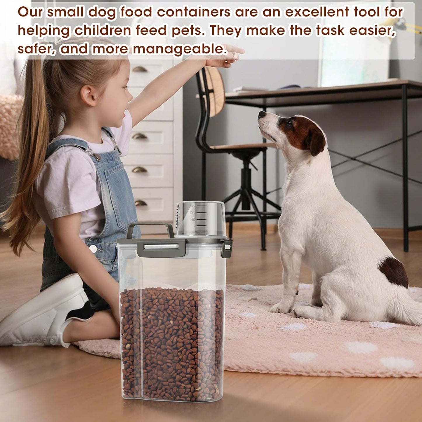TBMax Small Dog Food Storage Container 3 Qt with Cat Food Can Cover and Mixing Spoon, Portable Travel Pet Food Dispenser with Large Spout and Cup