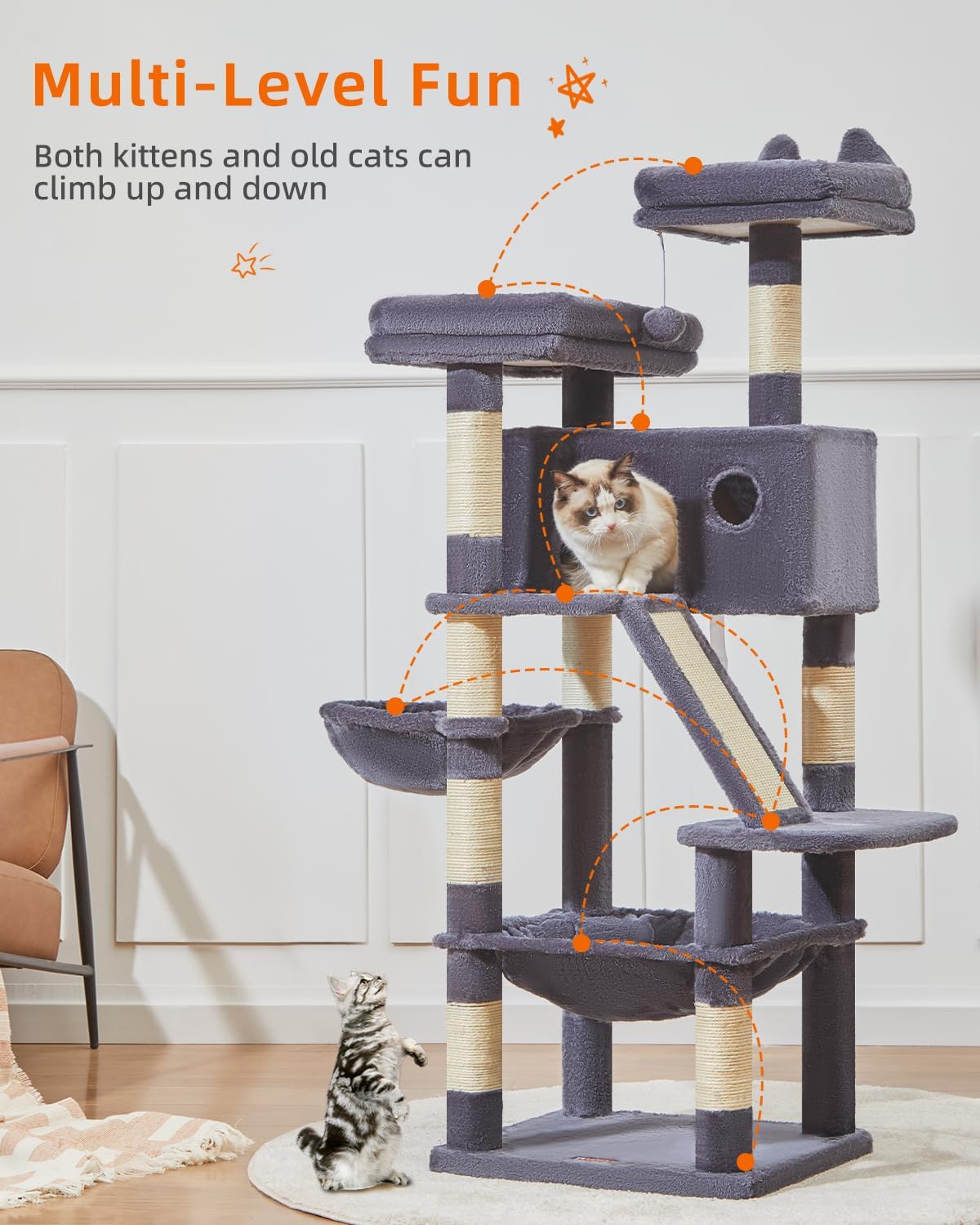 Taoqimiao Cat Tree 57.5-Inch, Cat Tower for Indoor Cats Large Adult, Extra Large Cat Condo, 8 Sisal Scratching Posts, Metal Frame Cozy Hammock, Durable Scratch Board, 2 Top Perches, Smoky Gray MS026G