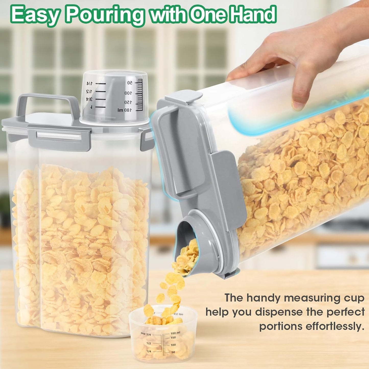TBMax Rice Container 2 Pack, Airtight Cereal Container Oatmeal Storage with Easy-pouring Spout & Handy Cup for Flour Grain Beans, Pet Dog Cat Bird Food Storage Dispenser-Light Grey