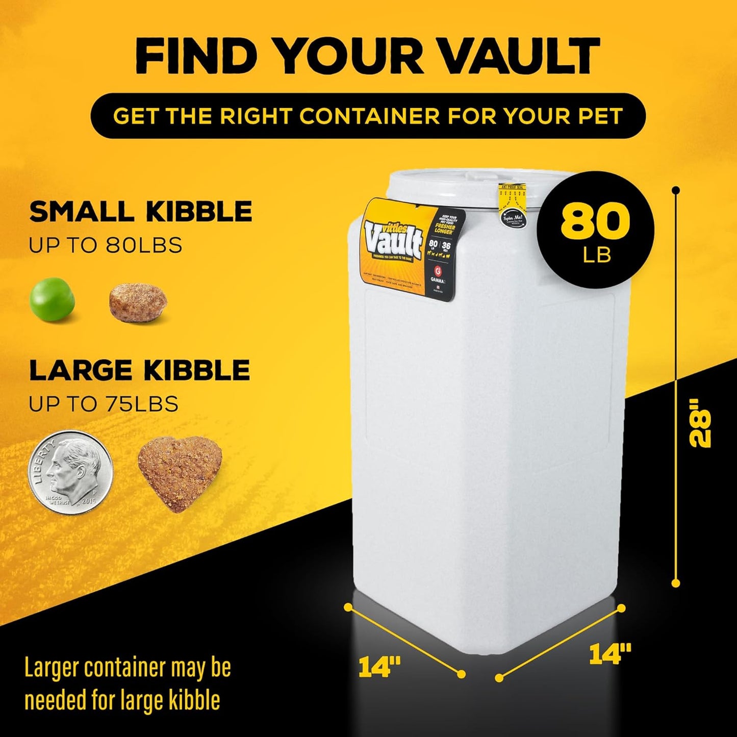 Gamma2 Vittles Vault Pet Food Storage Containers - Sealed Dog and Cat Food Storage Container, Fits up to 80lbs, Made in the USA - [14"L x 28"H]