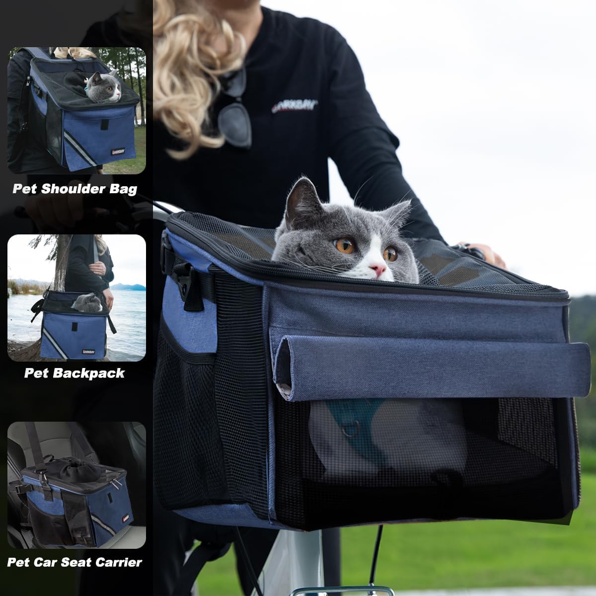 Pet Carrier Bicycle Basket Bag Pet Carrier/Booster Backpack for Dogs and Cats with Big Side Pockets,Comfy & Padded Shoulder Strap,Travel with Your Pet Safety（Classic Blue）