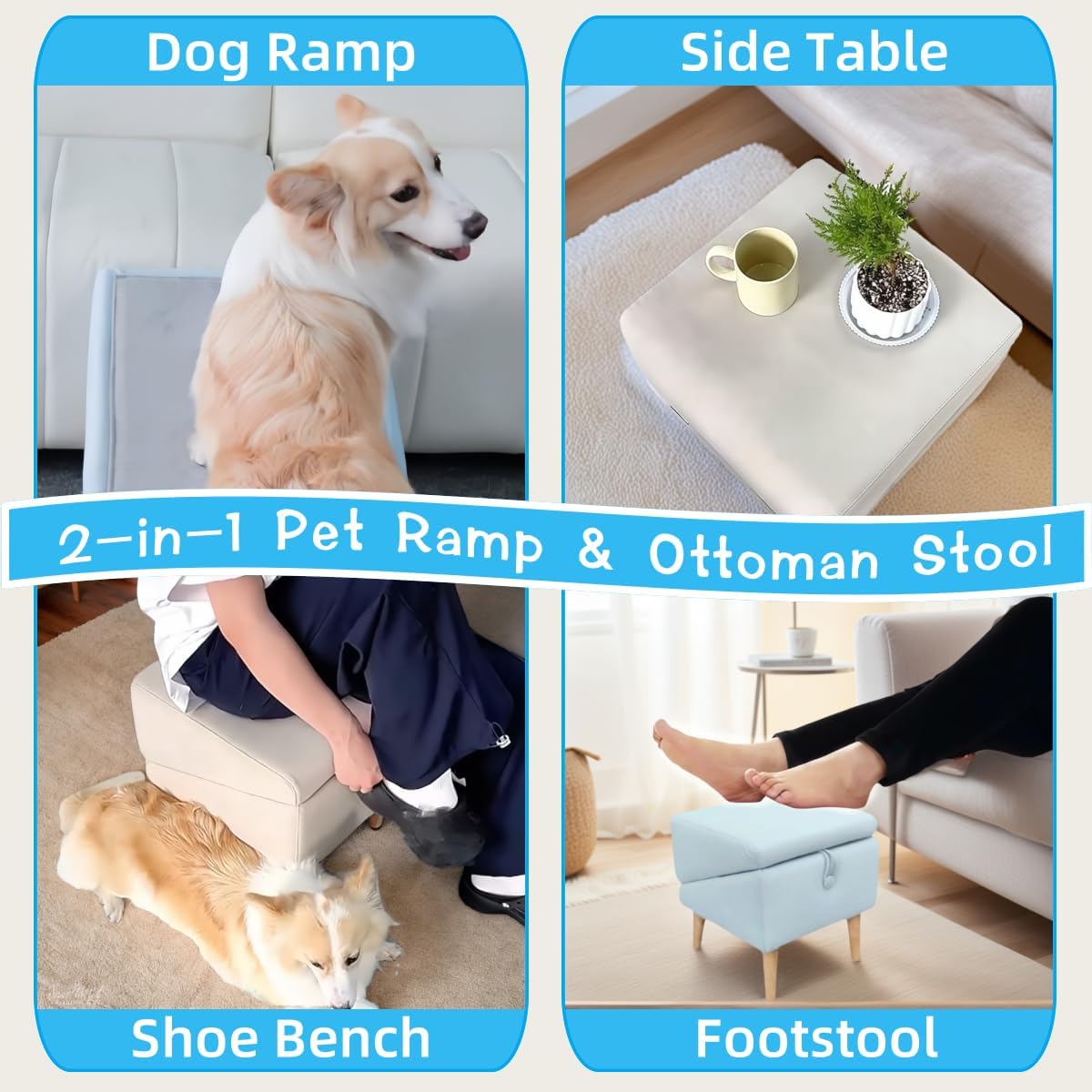 Split Ottoman Dog Ramp, Folding Pet Ramps Stairs for Couch, Pet Ramps Stairs for Small and Large Dogs, Holds up to 220 lbs (Beige, One Size)