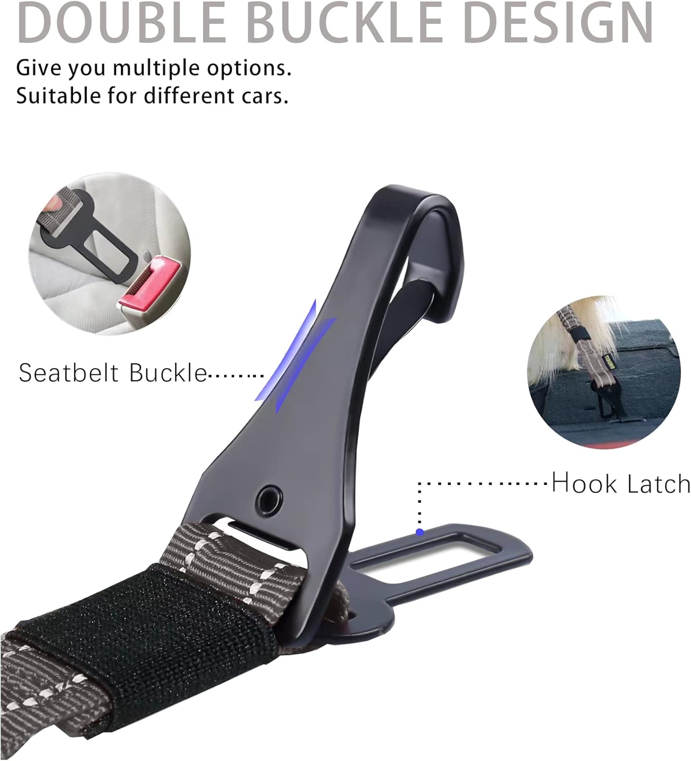 AUBELL Dog Seat Belt for Car,2 Pack Set 3-in-1 Adjustable Reflective Bungee Heavy Duty Dog Car Harness Tether with Clip Hook Latch & Buckle,Swivel Zinc Alloy Carabiner,Black+Grey