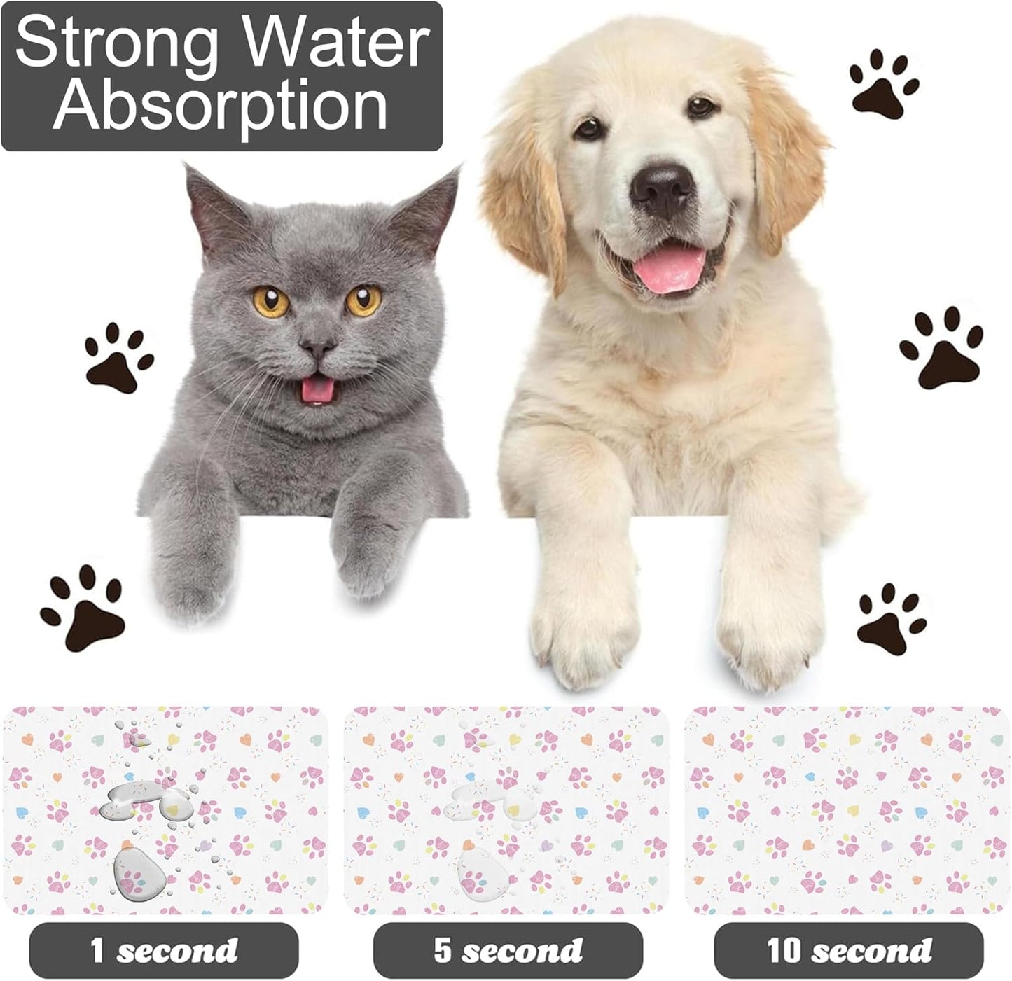 Pink Dog Paw Pet Feeding Mat for Floors-Absorbent Dog Bowl Mat for Food and Water, Quick Dry Pet Cat Feeding Mats with Non Slip Bottom, Mess-Free Dog Accessories 12"x20"