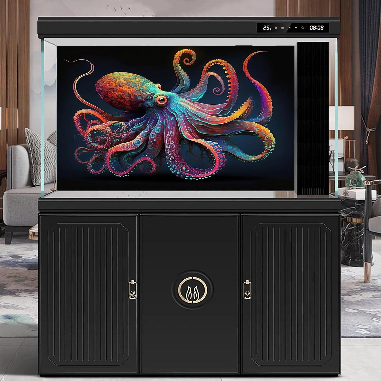 Exquisite Octopus Aquarium Background Abstract Colorful Octopus Terrarium Background Glowing Octopus on Black Background Fish Tank Backdrop Octopus Backdrops Poster Wallpaper Decors Vinyl 72x18in