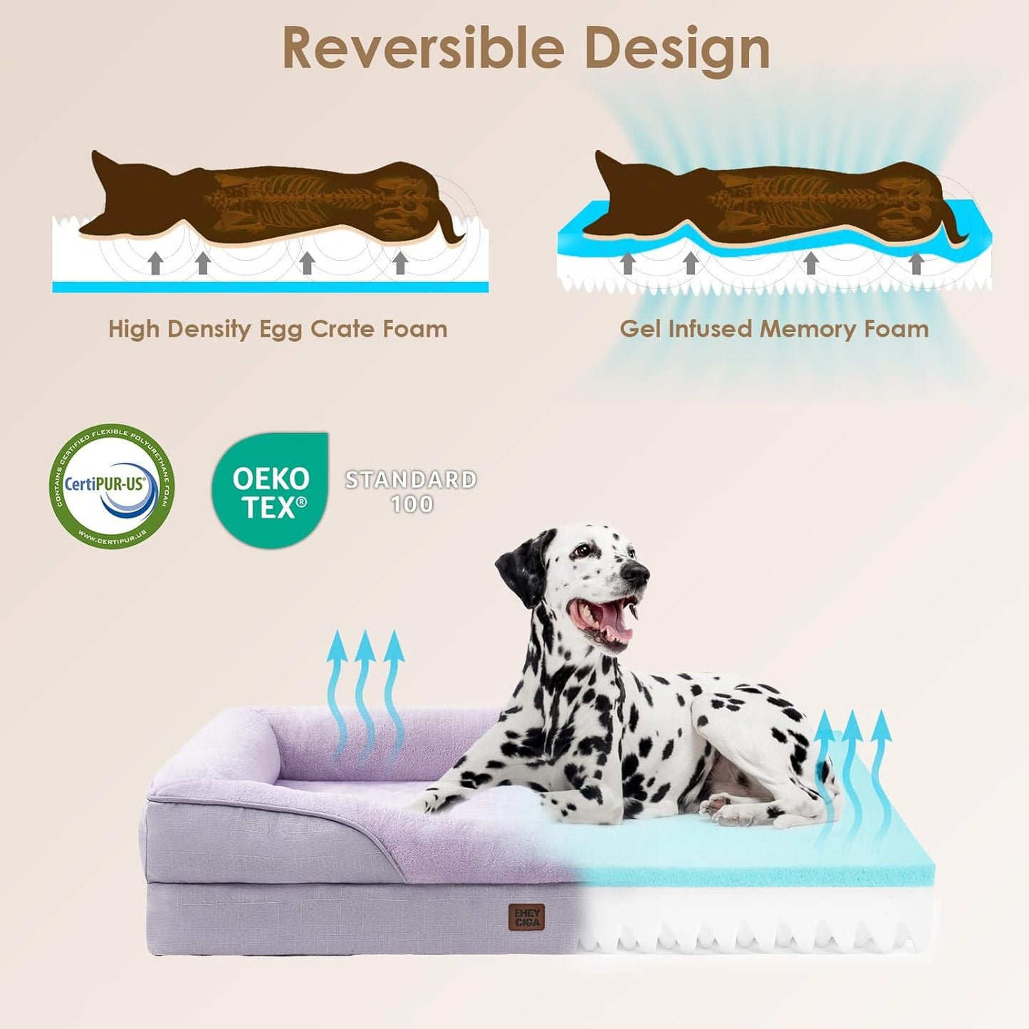EHEYCIGA Memory Foam XXL Dog Bed for XLarge Sized, Extra Large Orthopedic Dog Sofa with Sides and Waterproof Liner, Washable Bolster Pet Couch with Removable Cover, 52x41x8 Inch, Purple
