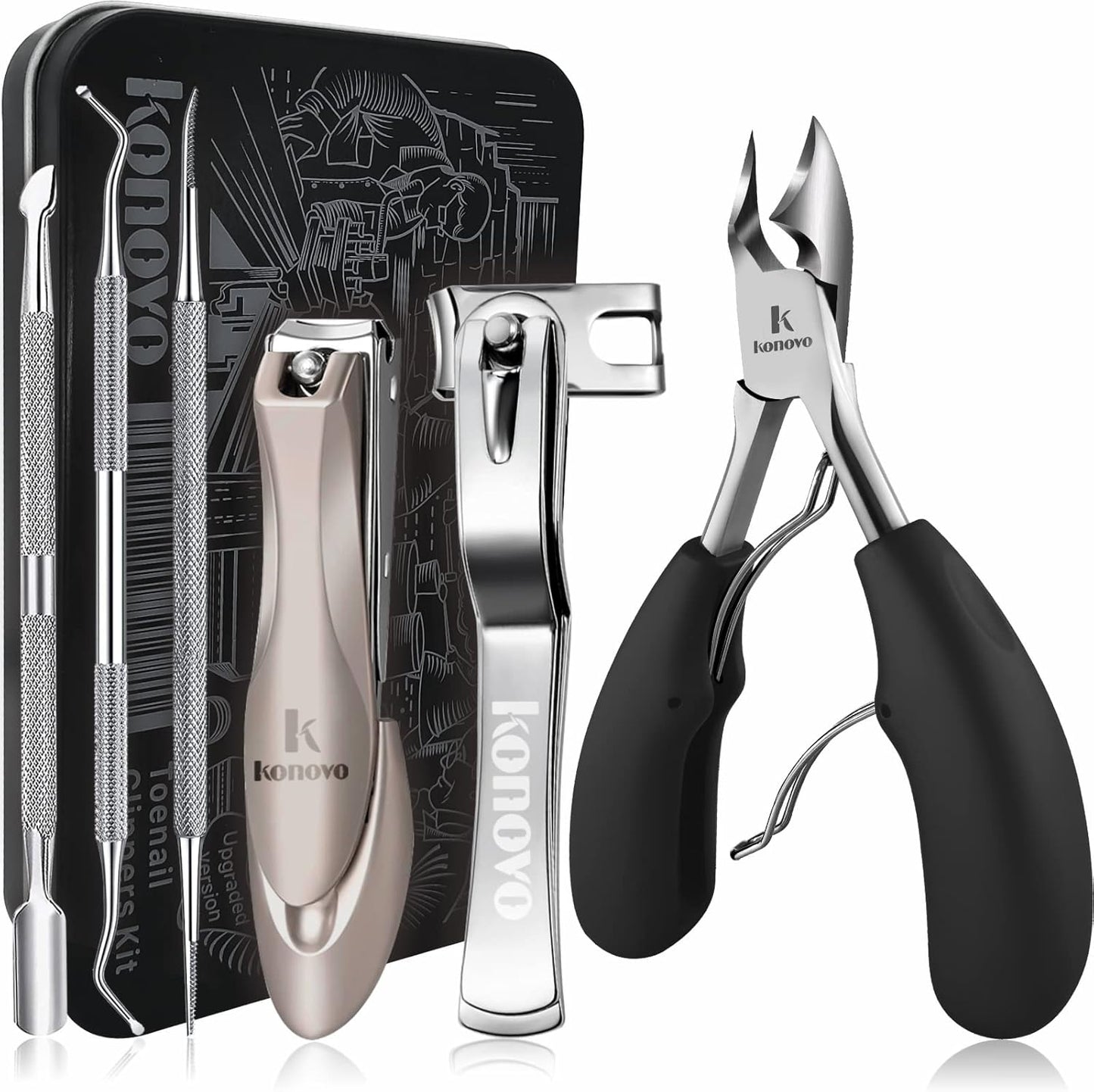 Toenail Clippers for Seniors Thick Toenails, Toe Nail Clippers Adult Thick Nails Long Handle, Heavy Duty Nail Clippers Kit 6Pcs Black