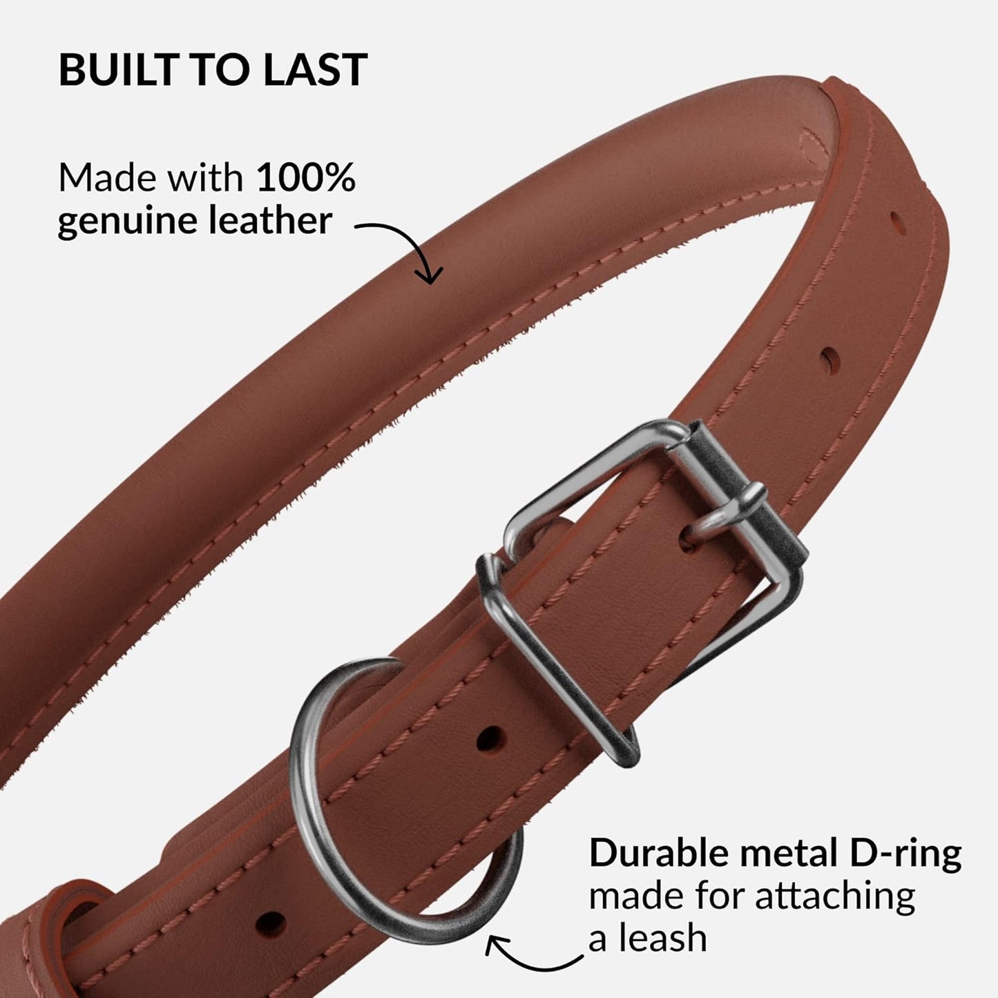 CollarDirect Rolled Leather Dog Collar, Soft Padded Round Puppy Collar, Handmade Genuine Leather Collar Dog Small Large Cat Collars 13 Colors (6-7 Inch, Cinnamon Smooth)