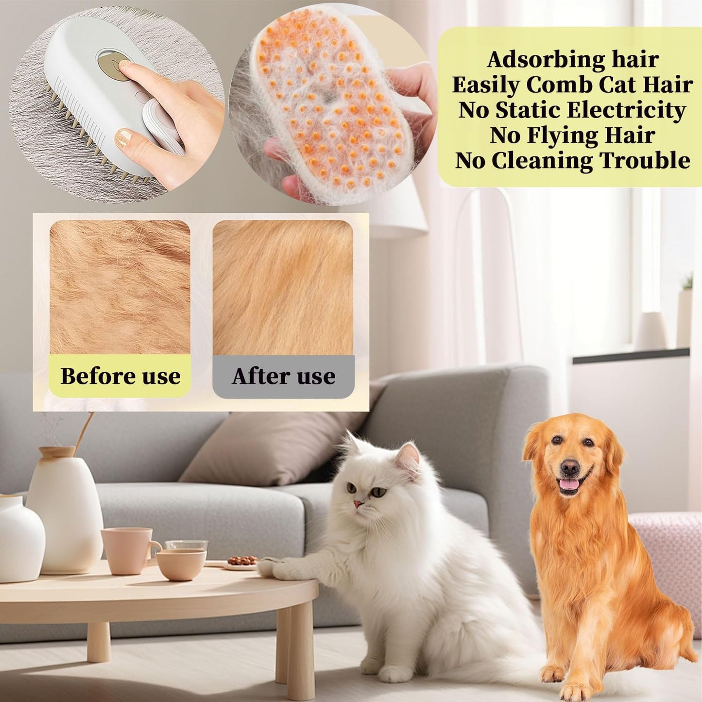 4-in1 Cat Steam Brush for Shedding & Grooming, Spray Hair Removal Comb with 2 Waterless Shampoo, Cat Brush for Massage, Pet Grooming Comb Hair Removal Tool for Cats and Dogs