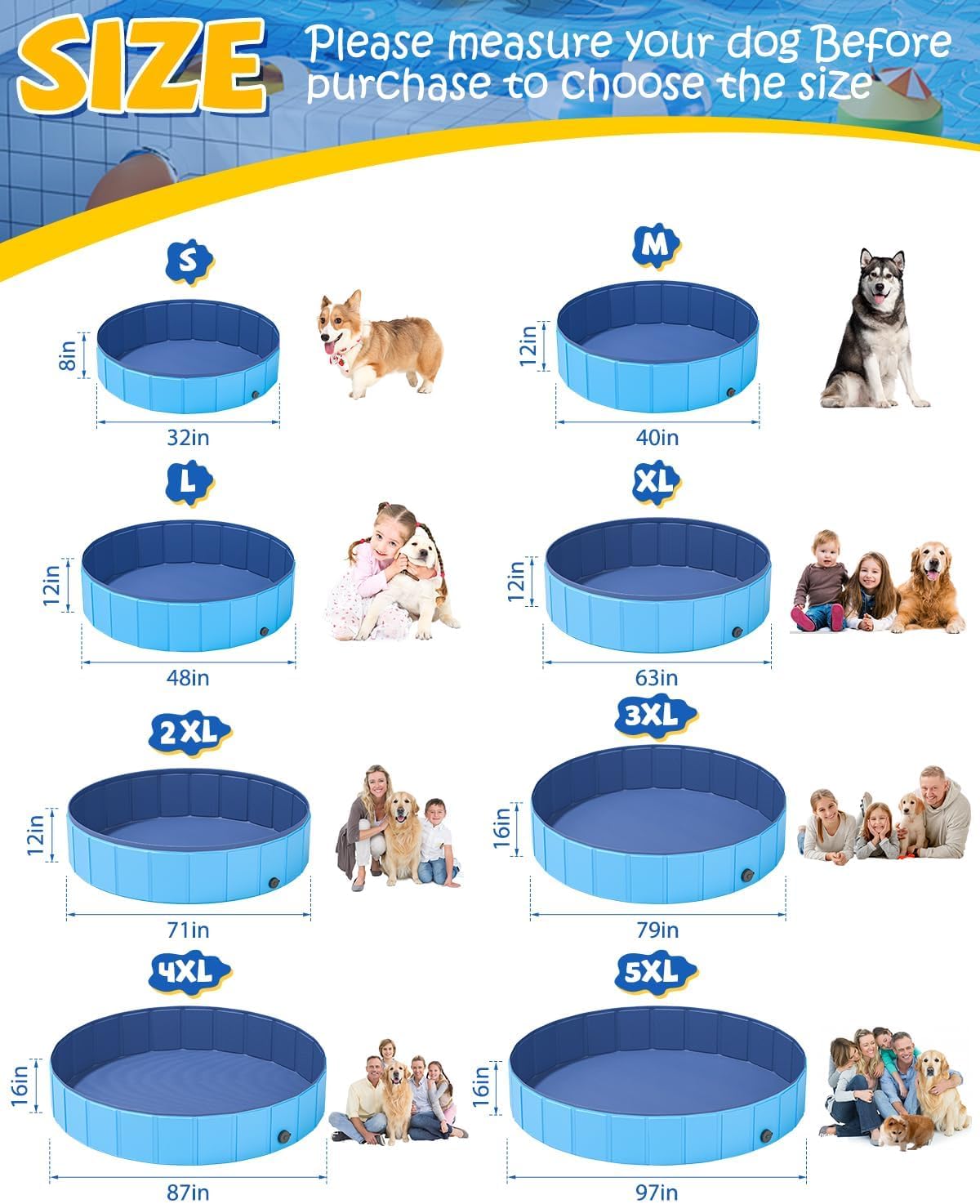 YSJILIDE Portable Dog Pool PVC Pet Swimming Bathtub Collapsible Hard Plastic Pool for Pets to Swim and Bath (L-87"x 12" Blue)