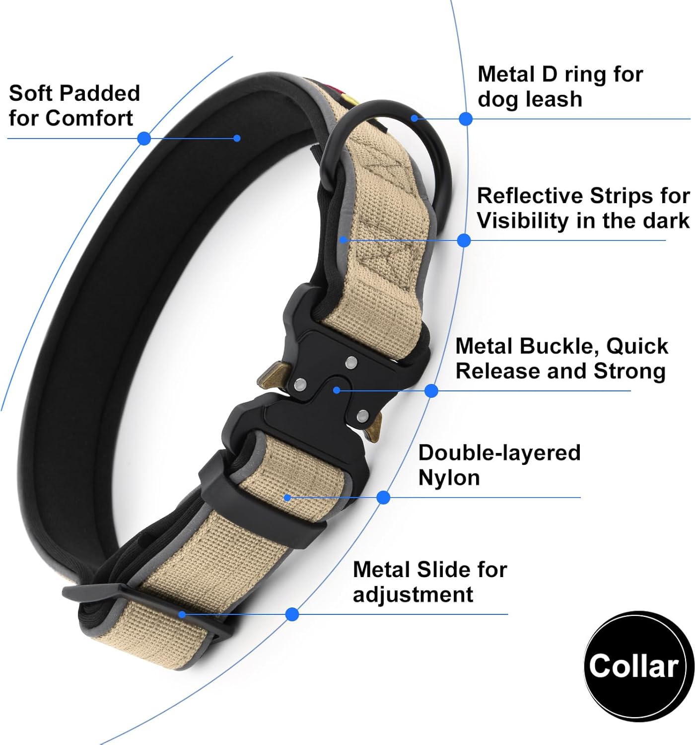 Plutus Pet Tactical Dog Collar, Reflective, Adjustable Heavy Duty Dog Collar, Soft Padded and Comfortable, for Small Medium and Large Dogs (Beige, S)