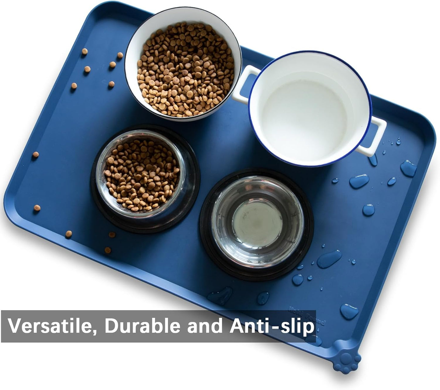 Hoki Found Large Silicone Pet Food Mat - Non Slip Dog, Cat Bowl Mat Tray - Waterproof Feeding Placemat - Indigo Ink
