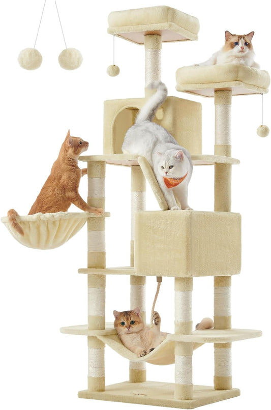 Feandrea Cat Tree, 66.1-Inch Large Cat Tower with 13 Scratching Posts, 2 Perches, 2 Caves, Basket, Hammock, Pompoms, Multi-Level Plush Cat Condo for Indoor Cats, Beige UPCT165M01
