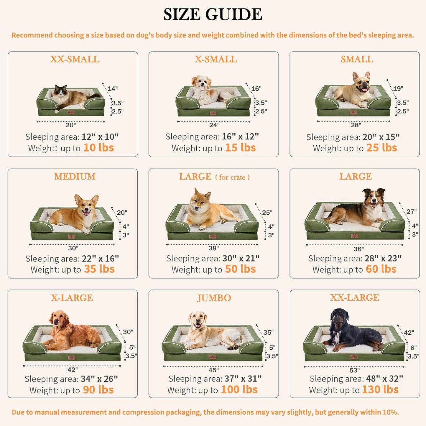 Comfort Expression Medium Dog Beds Waterproof Orthopedic Foam Dog Sofa Beds for Medium Large Dogs Comfy Pet Bed with Washable Removable Cover & Non-Slip Bottom(Medium,Light Green)