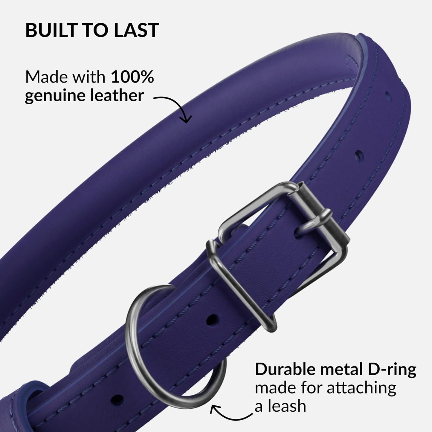 CollarDirect Rolled Leather Dog Collar, Soft Padded Round Puppy Collar, Handmade Genuine Leather Collar Dog Small Large Cat Collars 13 Colors (8-11 Inch, Purple Smooth)