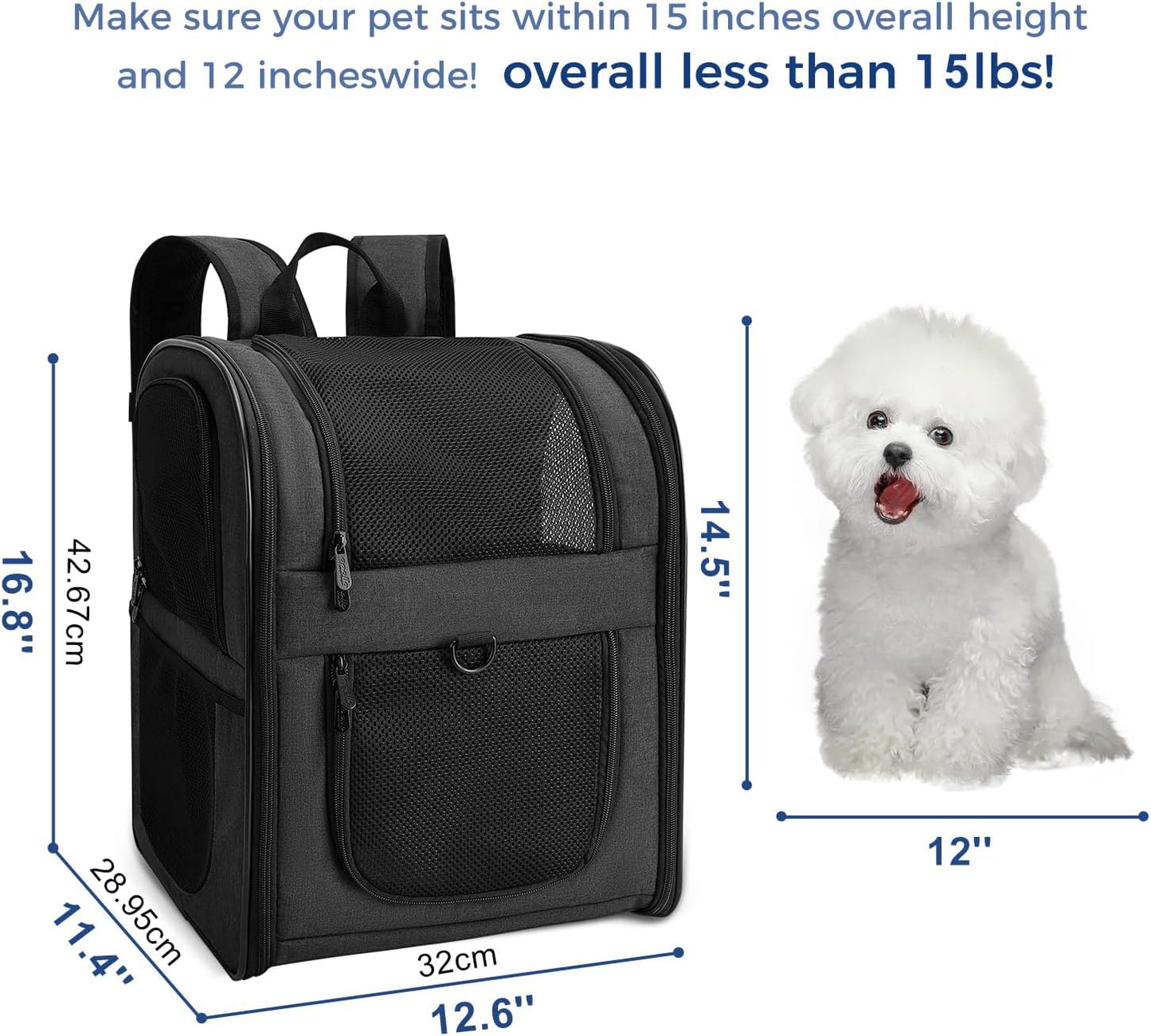 Apollo Walker Dog & Cat Carrier Backpack for 4-15lb Pets - Ventilated Safe Design with Padded Back Support, Breathable Mesh Pet Backpack for Hiking, Travel, Outdoor (Black)