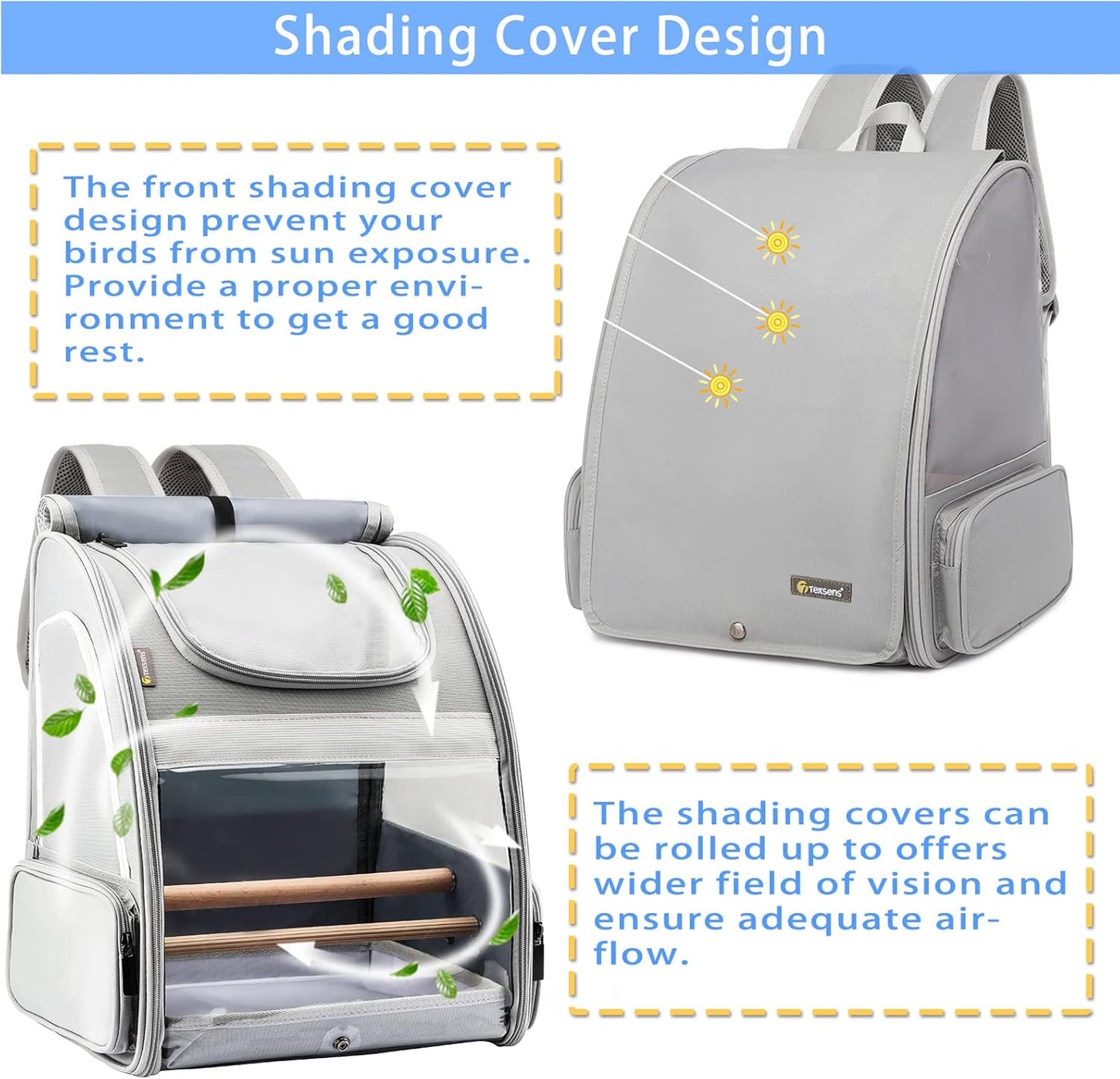Texsens Bird Carrier Backpack - Pet Travel Cage with Upgraded Tray and Standing Perches, Breathable & Portable, for Small Birds, Green Cheek, Cockatiel, Parrot (Grey)