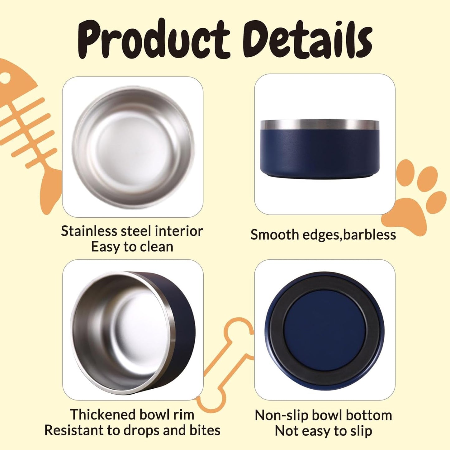 32OZ Personalized Dog Bowl Laser Engraved Custom Pet Name 18/32/42/64 oz No Slip Stainless Steel Insulated Bite-Resistant Food Water Dishes-White