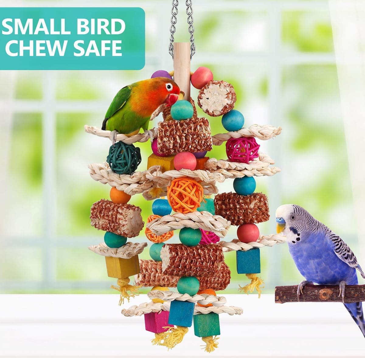 lovyoCoCo Parrot Toys Bird Toys Natural Corn Cob Bird chew Toys for Small and Medium-Sized Macaws,African Grey,Cockatoos,Amazon Parrots,Parakeet,Cockatiel,Sun Conure, Lovebird with Wooden Blocks