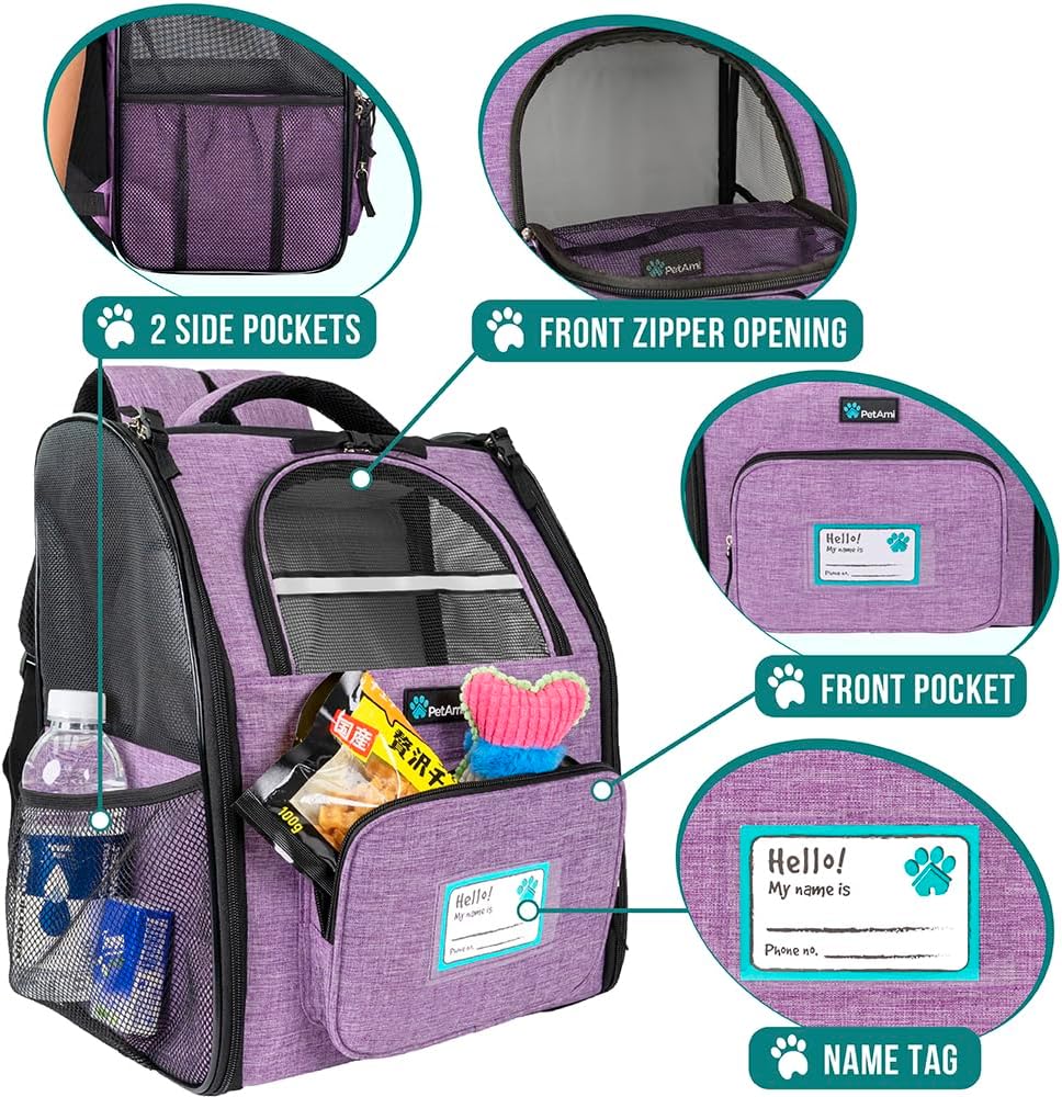 PetAmi Dog Backpack Carrier for Small Large Cat, Pet, Puppy, Ventilated Pet Hiking Backpack Travel Bag, Airline Approved Cat Backpack Carrier, Camping Biking Dog Bag Up to 18lbs Pet, Purple