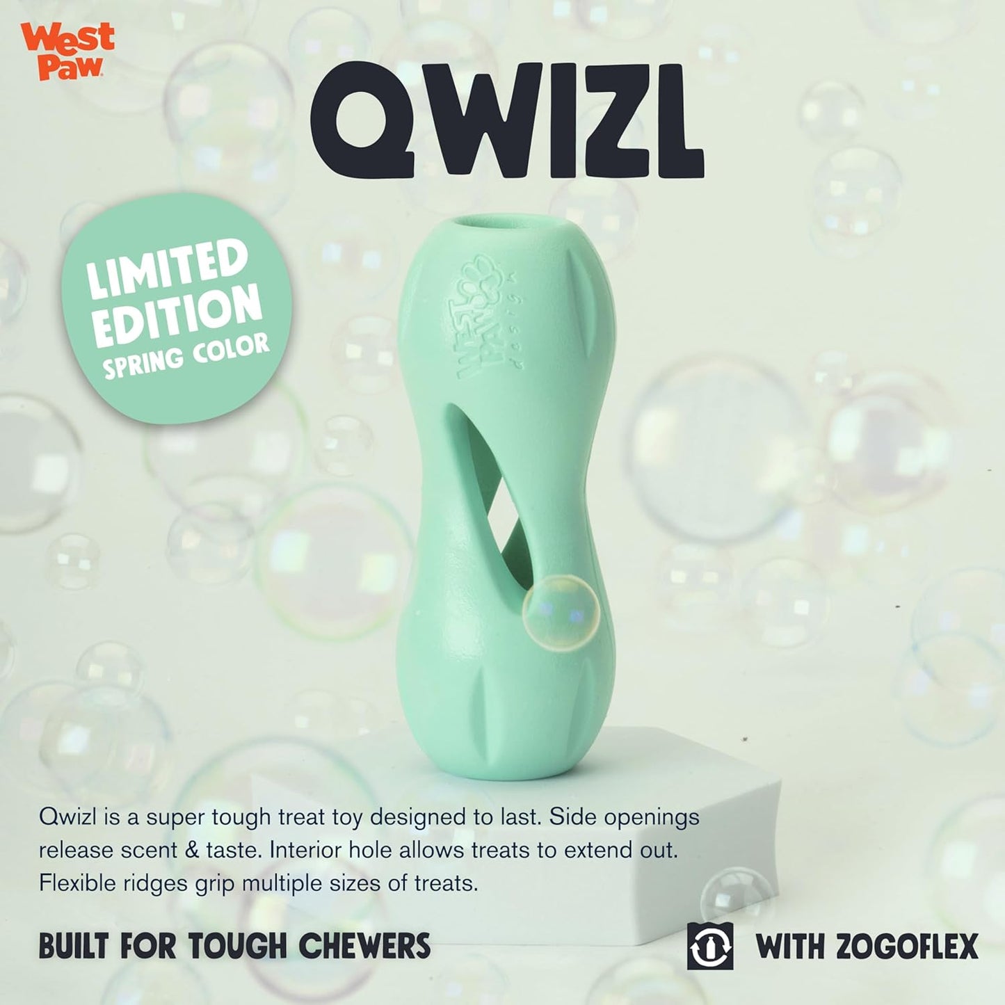 WEST PAW Zogoflex Qwizl Dog Puzzle Treat Toy – Interactive Chewing for Dogs – Dispenses Pet Treats – Brightly-Colored Dog Enrichment Toy for Aggressive Chewers, Fetch, Catch, Large 6.5", Mint
