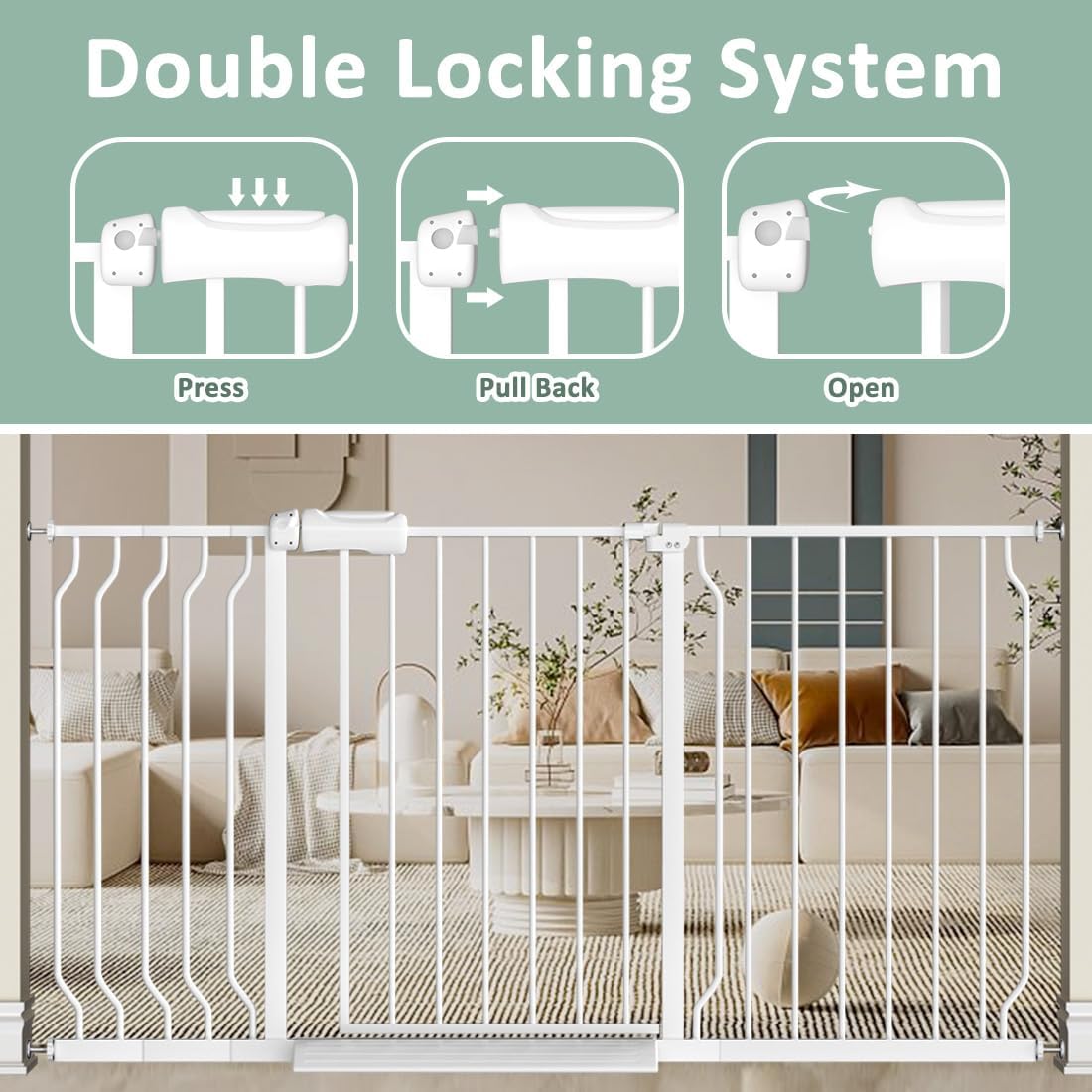 TSAYAWA Walk Through Baby Gate with Door,67-71.5 Inch Wide Presure Mounted No Drill Metal Auto Close Child Gate for Stair Doorway - Indoor Outdoor Safty Gate for Toddler Dog Doggie, White
