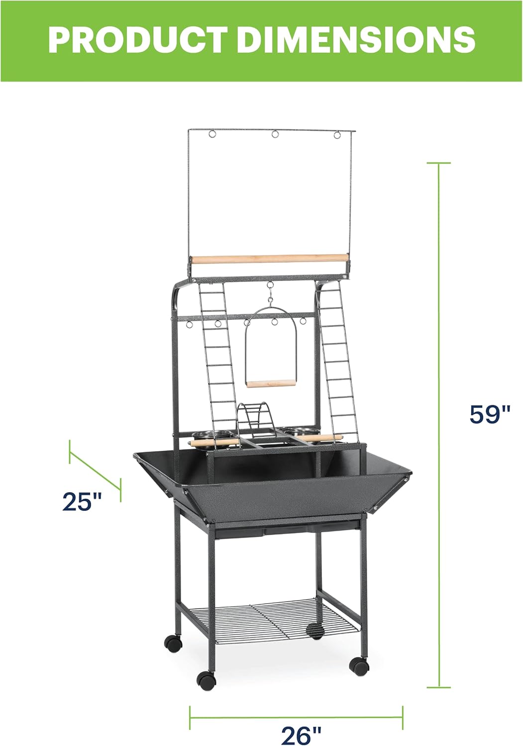 Prevue Pet Products Small Parrot Playstand with Wheels, Bird Stand Activity Play Center with Perches and Ladders, Indoor Outdoor Playground for Birds with Swing, Black Hammertone Finish