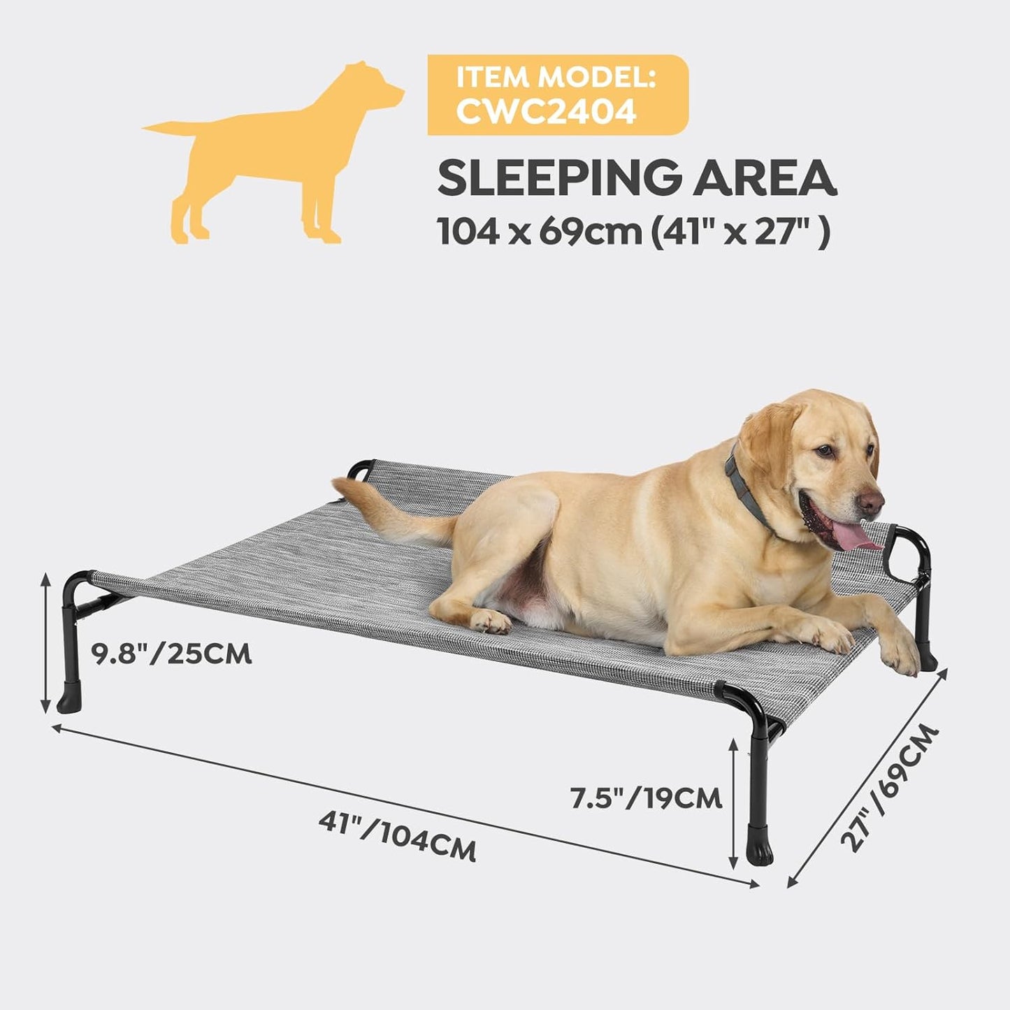Veehoo Cooling Elevated Dog Bed - Raised Dog Bed with Guardrail, Non-Slip Portable Camping Cot, 41 x 27 Inches, Black Silver