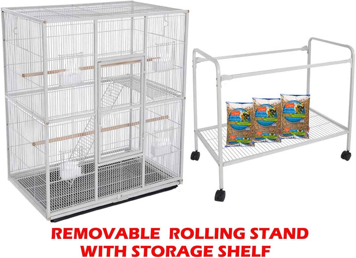 64" Extra Large Double Flight Bird Wrought Iron Double Breeding Cage Slide Out Divider 3-Levels Bird Parrot Cage Cockatiel Conure Bird Cage with Removable Stand on Wheels