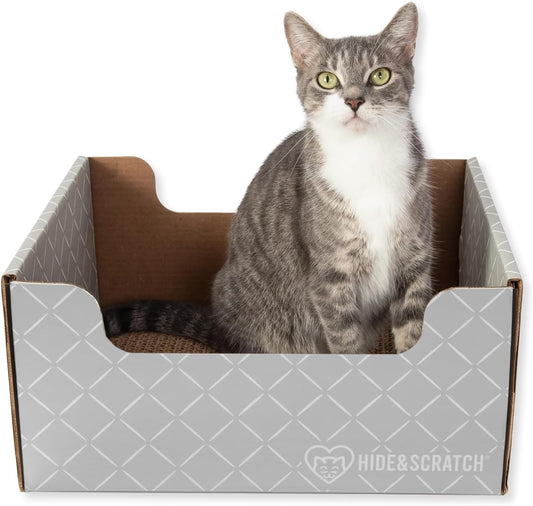 HIDE & SCRATCH Cat Scratcher Box and Cat Bed with Refillable Double-Sided Cardboard Scratch Pad for Indoor Cats