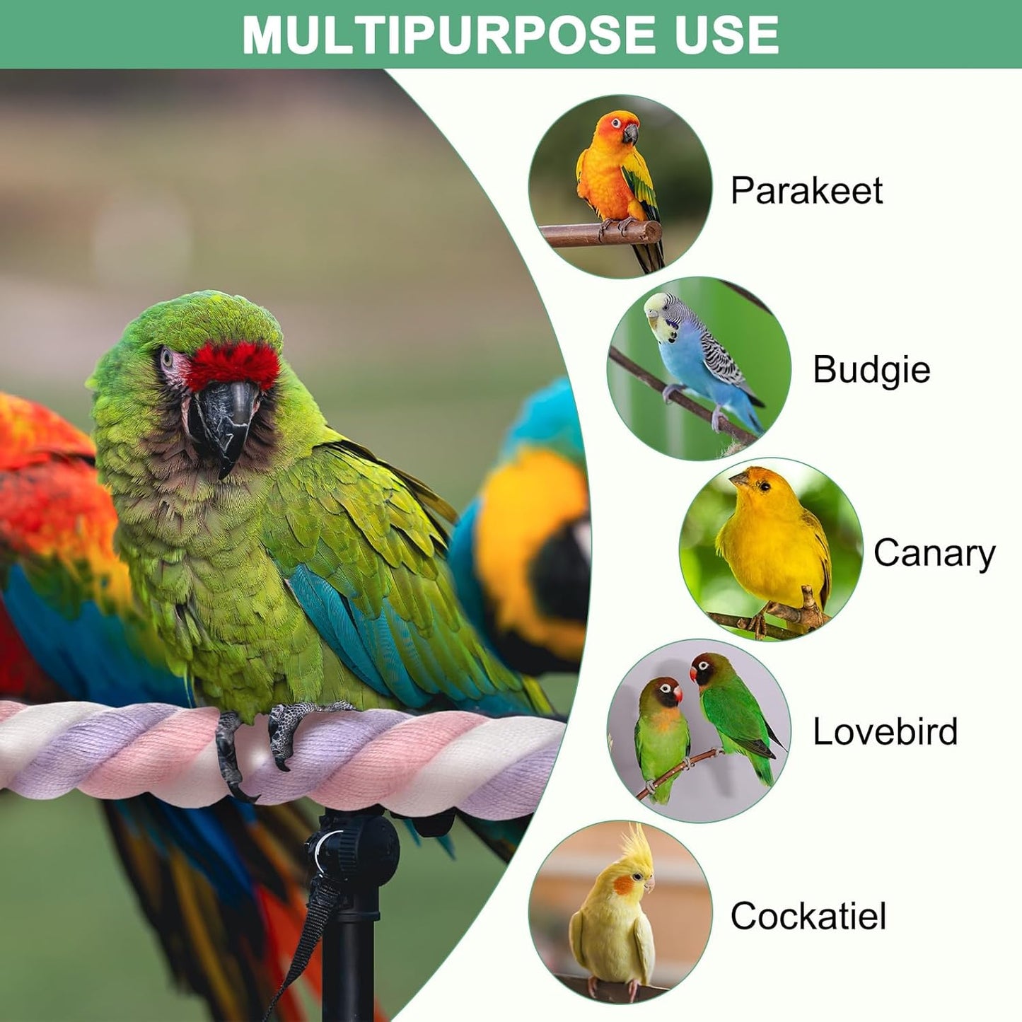 2-Pack Rope Perches for Bird Cages, 23.6 in Length Comfort Grip Flexible Rope Perch Beak & Paw Grinding for Parrots/Cockatiels/Parakeets, Bird Platform Sand [Pink Purple]