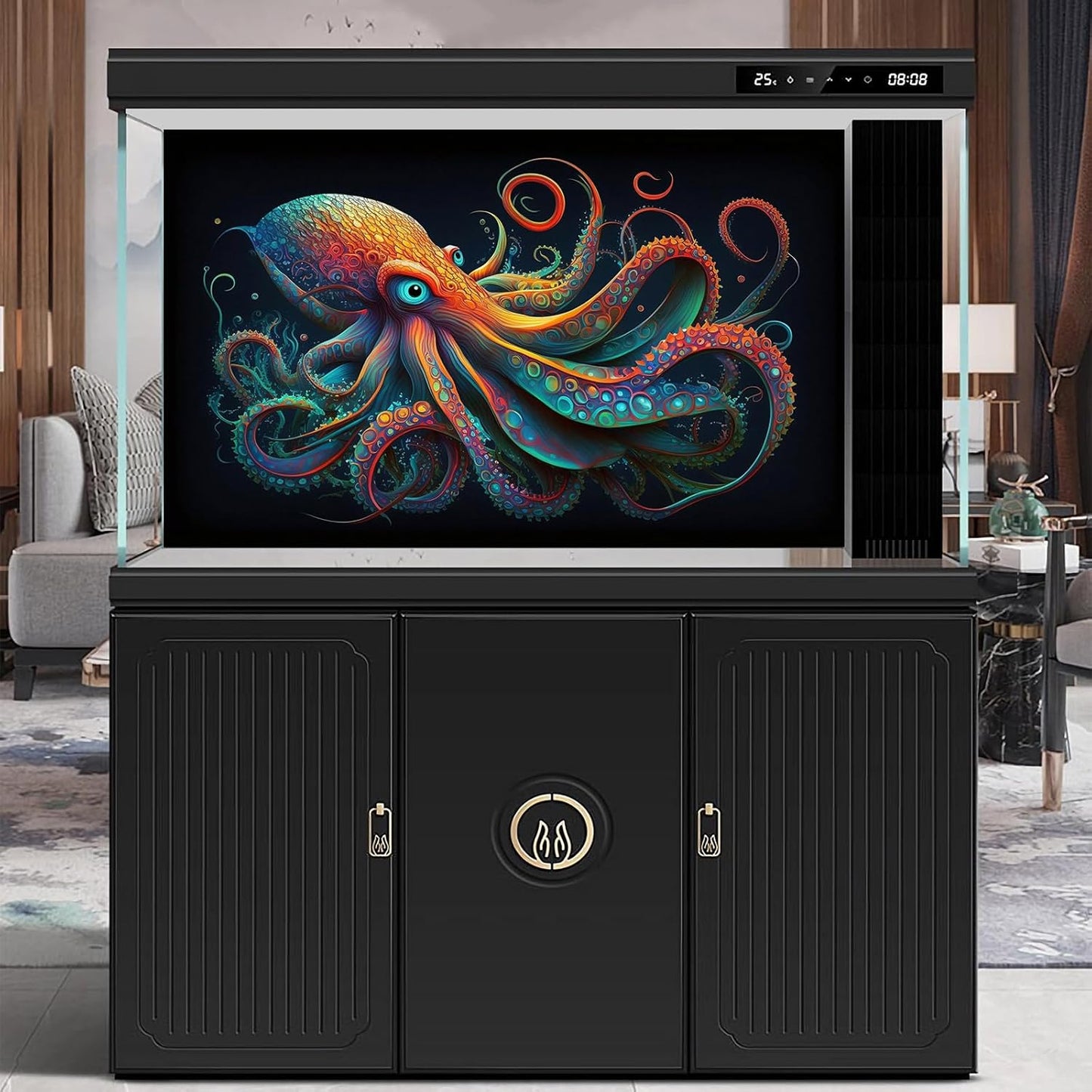 Octopus Aquarium Background Abstract Colorful Octopus Terrarium Background Glowing Octopus on Black Background Fish Tank Backdrop Poster Wallpaper Decorations Vinyl 24x12in