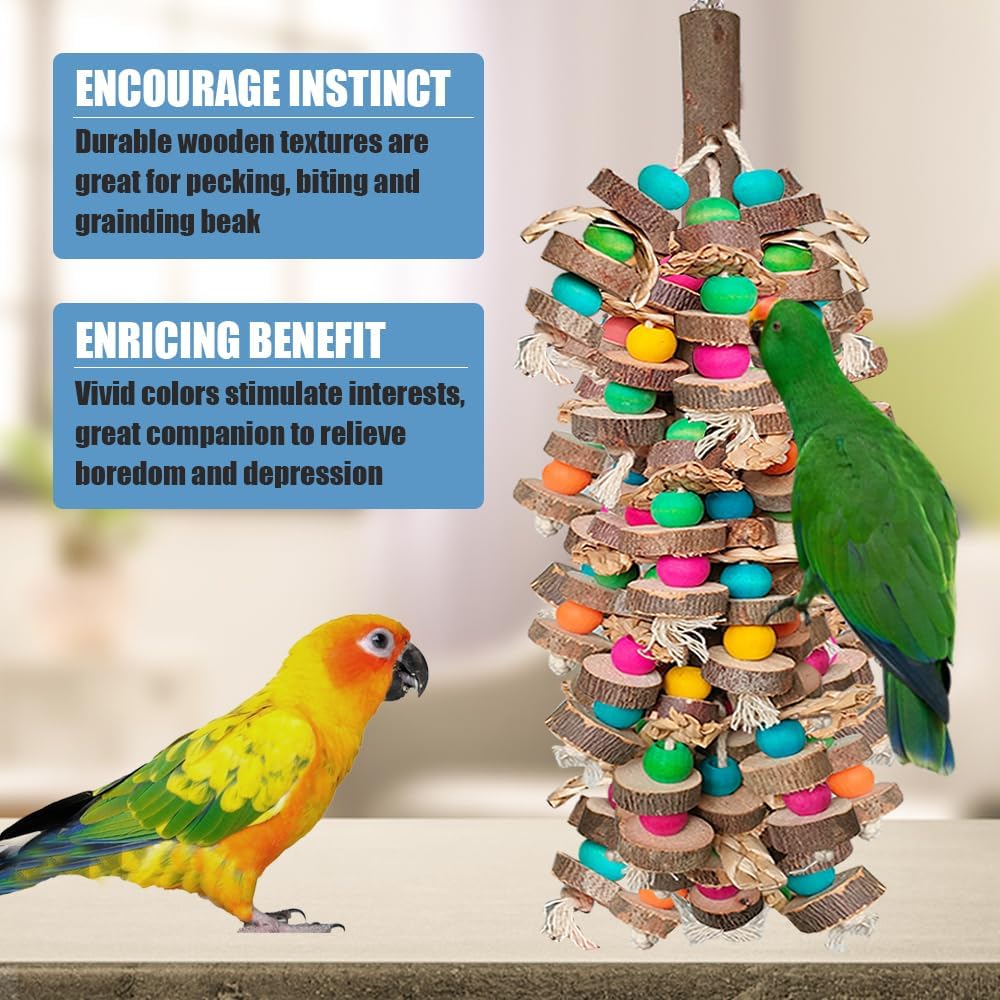 Large Bird Toys for Macaws, Multicolored Wooden Blocks Bird Chewing Toy Parrot Cage Bite Toy for Macaws Cokatoos African Grey and Large Medium Parrot Birds