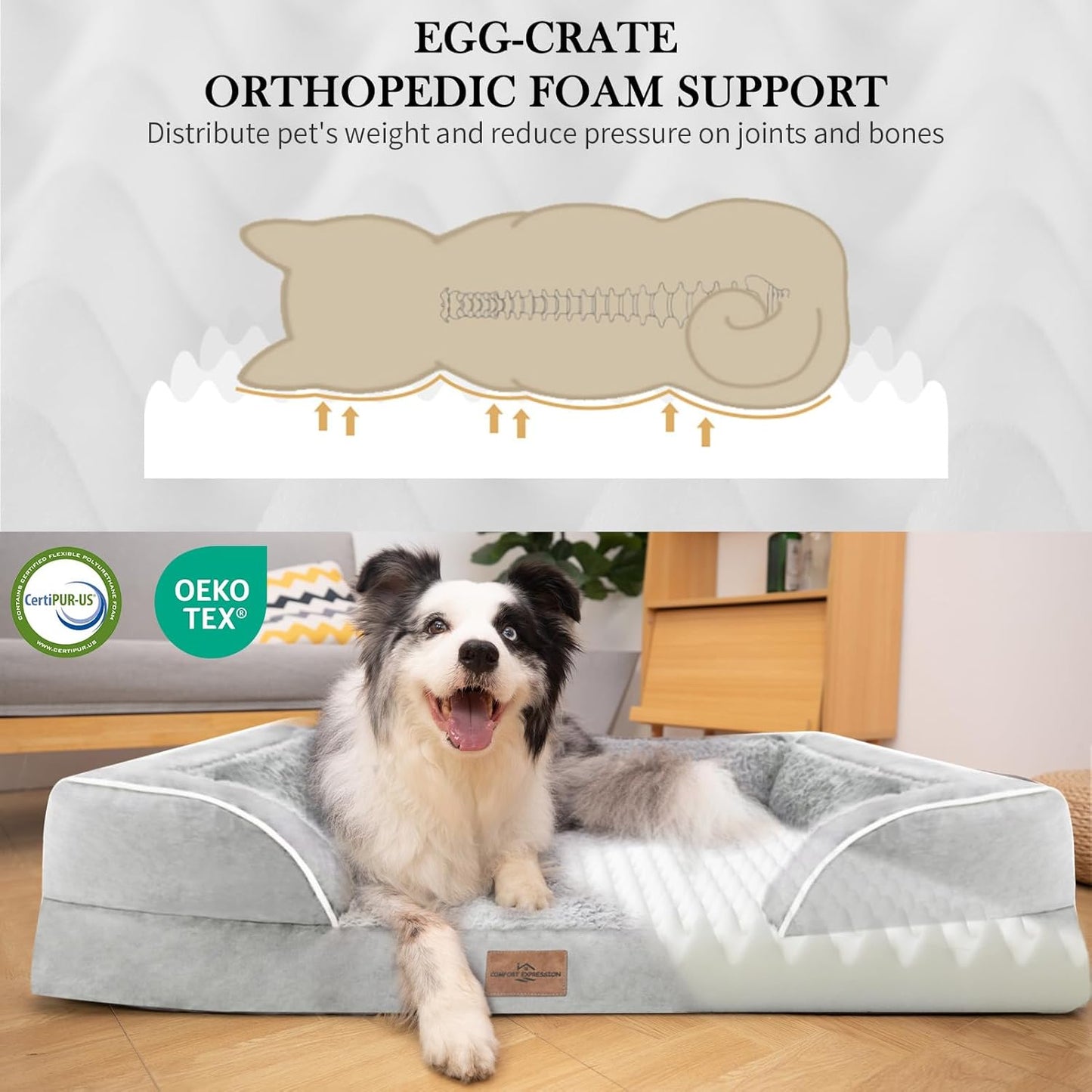 Comfort Expression XXL Orthopedic Foam Dog Bed for Extra Large Dogs, Waterproof Orthopedic Dog Beds, Washable Dogs Sofa Beds with Removable Cover & Non-Slip Bottom(XX-Large,Grey White)