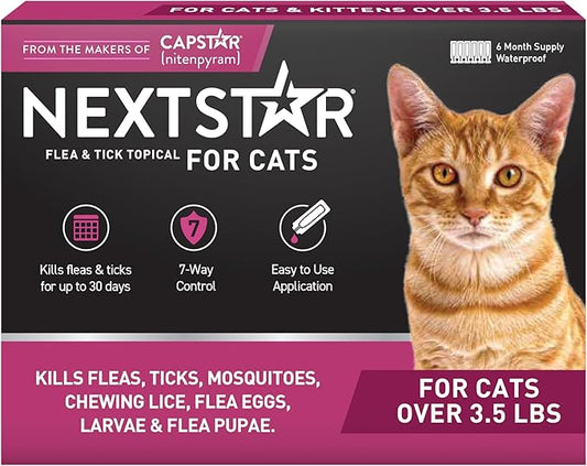 Flea and Tick Prevention for Cats, Repellent, and Control, Fast Acting Waterproof Topical Drops for Cats Over 3.5 lbs, 6 Month Dose