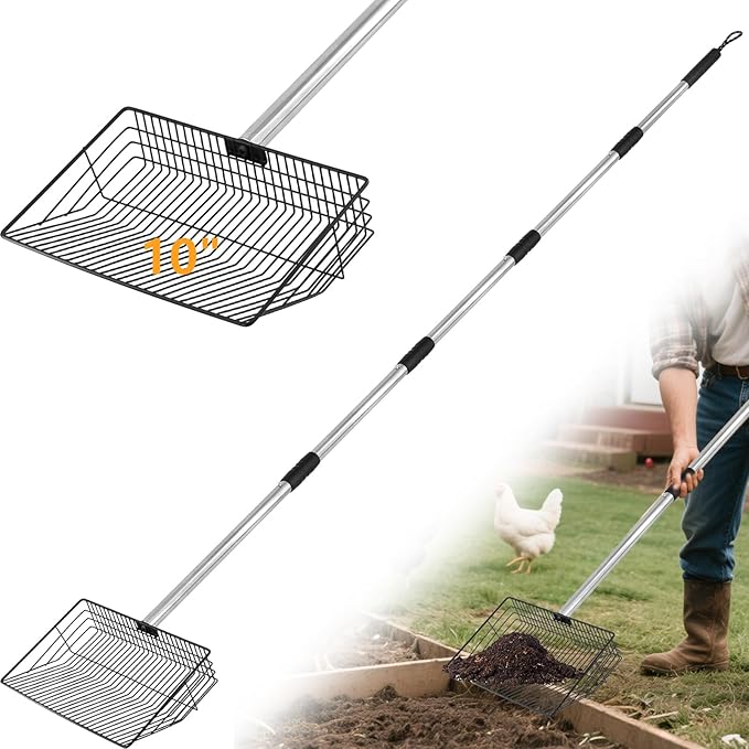 10inch Large Chicken Poop Scooper,36 to 67" Adjustable Long Chicken Coop Litter Metal Scoop with Stainless Steel Handle,5-in-1 Detachable Poop Shovel for Sand,Pet,Chicken,Cat Cleaning Tools.