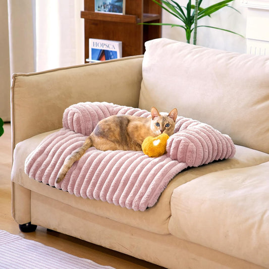 FUNNY FUZZY Pet Couch Cover for Sofa, Calming Dog Bed for Couch, Fluffy Plush Cat Bed Mat for Furniture Protector for Small Dogs and Kitten, 27×24 in, Pink